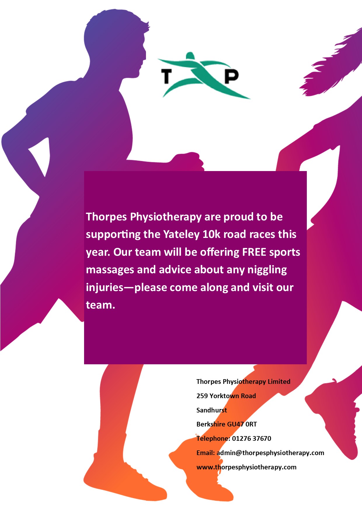 Thorpes Physio Yateley 10k flyer Thorpes Physiotherapy Sports Massage Flyer