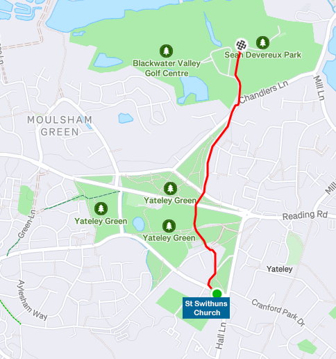 Press to download route as PDF Walking route from St Swithuns church to Sean Devereux Park