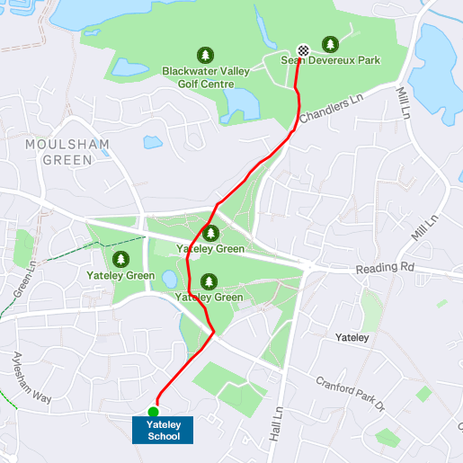 Press to download route as PDF Walking route from Yateley Secondary School A Block to Sean Devereux Park